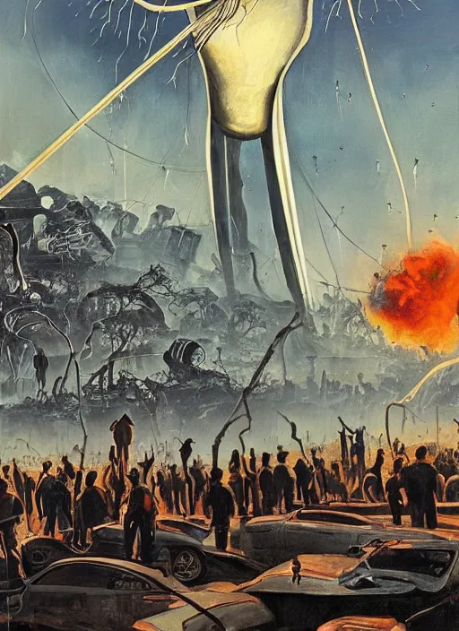 Prompt: war of the worlds, an ultrafine detailed painting by john philip falter, austin briggs, cg society, american scene painting, dystopian art, american realism, academic art, movie poster, poster art