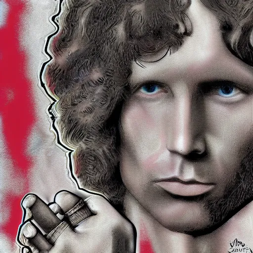 Image similar to Jim Morrison, The Doors, Detailed, Mixed Media, Cream paper, black, red, cyan, Digital Art. DeviantArt