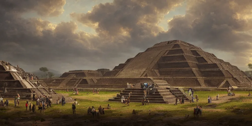 Image similar to teotihuacan cityscape by andreas achenbach, artgerm, mikko lagerstedt, zack snyder, tokujin yoshioka