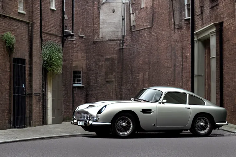 Prompt: a wholesome animation key shot of one focused shortened aston martin db 5, in a rich london mews residential street, waist height, medium range, studio ghibli, ( pixar ) and disney animation, sharp, very detailed, unreal engine 5 render, bloom, high resolution, anime key art by greg rutkowski