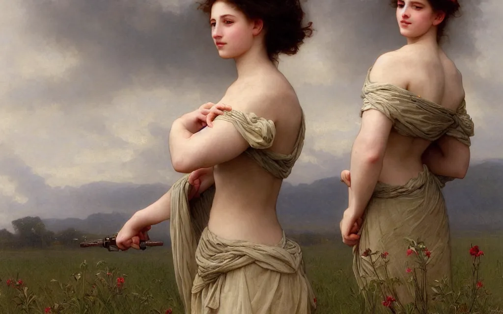 Image similar to a beautiful young woman, a beautiful farm in the background, dramatic weather, by William Adolphe Bouguereau, by Edgar Maxence, by Ross Tran and Michael Whelan,trending on artstation