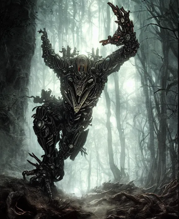 Image similar to 5 5 mm close up portrait photo of an armored biomechanical demonic superman looking at the camera, in a magical forest. dark atmosphere. art by greg rutkowski and luis royo. highly detailed 8 k. intricate. lifelike. soft light. nikon d 8 5 0.