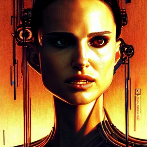 Prompt: natalie portman as cyberpunk samurai, atmospheric lighting, painted, intricate, blue and golden hour, ultra detailed by peter gric, giger, enki bilal