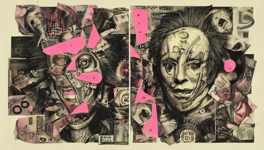 Image similar to post - punk new age album cover, asymmetrical design, dollar bank notes, capitalism, magic, apocalypse, psychedelic, black white pink, magic, giger h. r., giuseppe arcimboldo