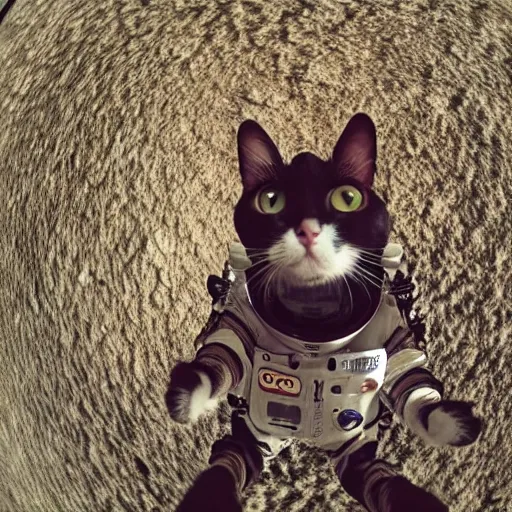 Prompt: a completely brown haired cat wearing a space suit taking a selfie, fisheye lens