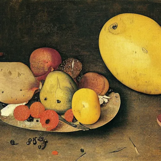 Prompt: still life of rotting fruit, pieter bruegel the elder, oil painting, yellowed