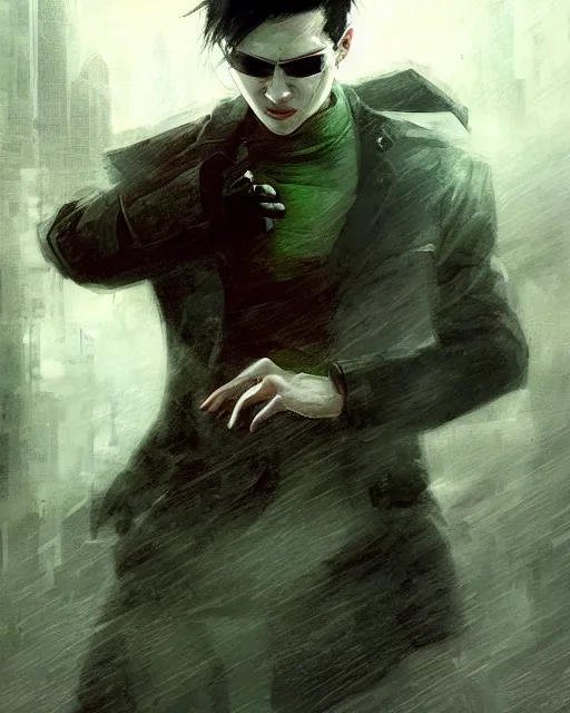 Image similar to battle hardened, overpowering, pragmatic, charismatic character from the matrix, face centered portrait, confident, ruined cityscape, sterile minimalistic room, architecture, fog, volumetric lighting, illustration, perfectly shaded, greenish tinge, cold lights soft painting, art by krenz cushart and wenjun lin