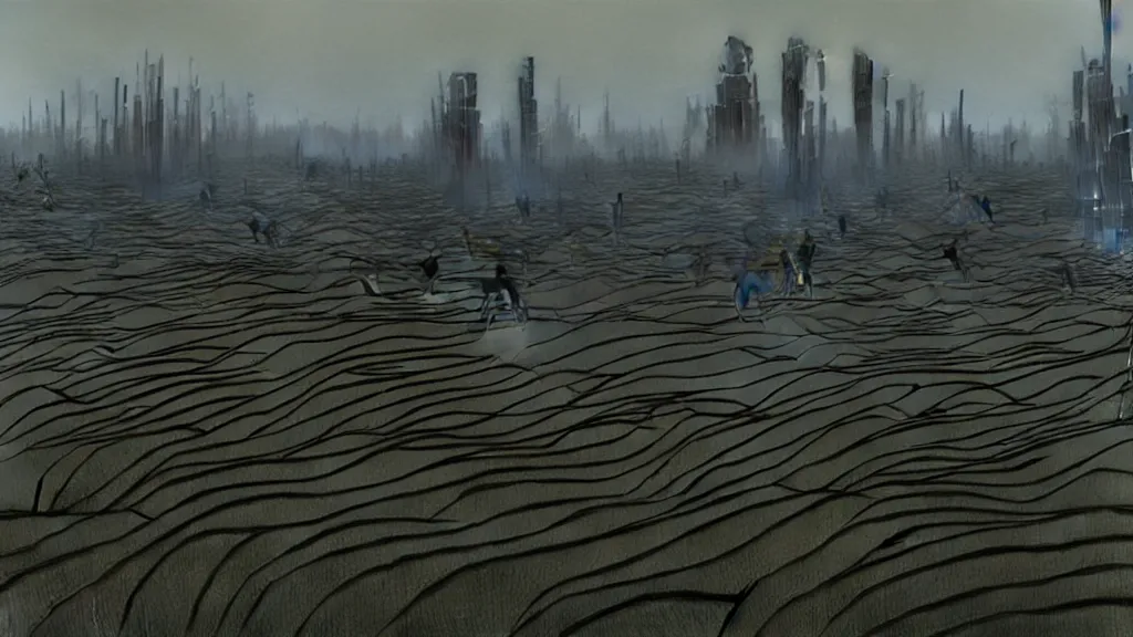 Prompt: a futuristic cyberpunk village from the year 2077 that’s on stilts above a rice field, film still from the movie directed by Denis Villeneuve with art direction by Zdzisław Beksiński, wide lens