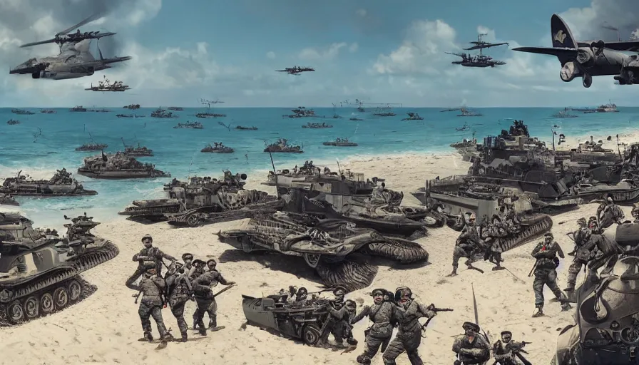 Image similar to d - day on miami beach, war, troops, boats, planes, explosions, hyperdetailed, artstation, cgsociety, 8 k