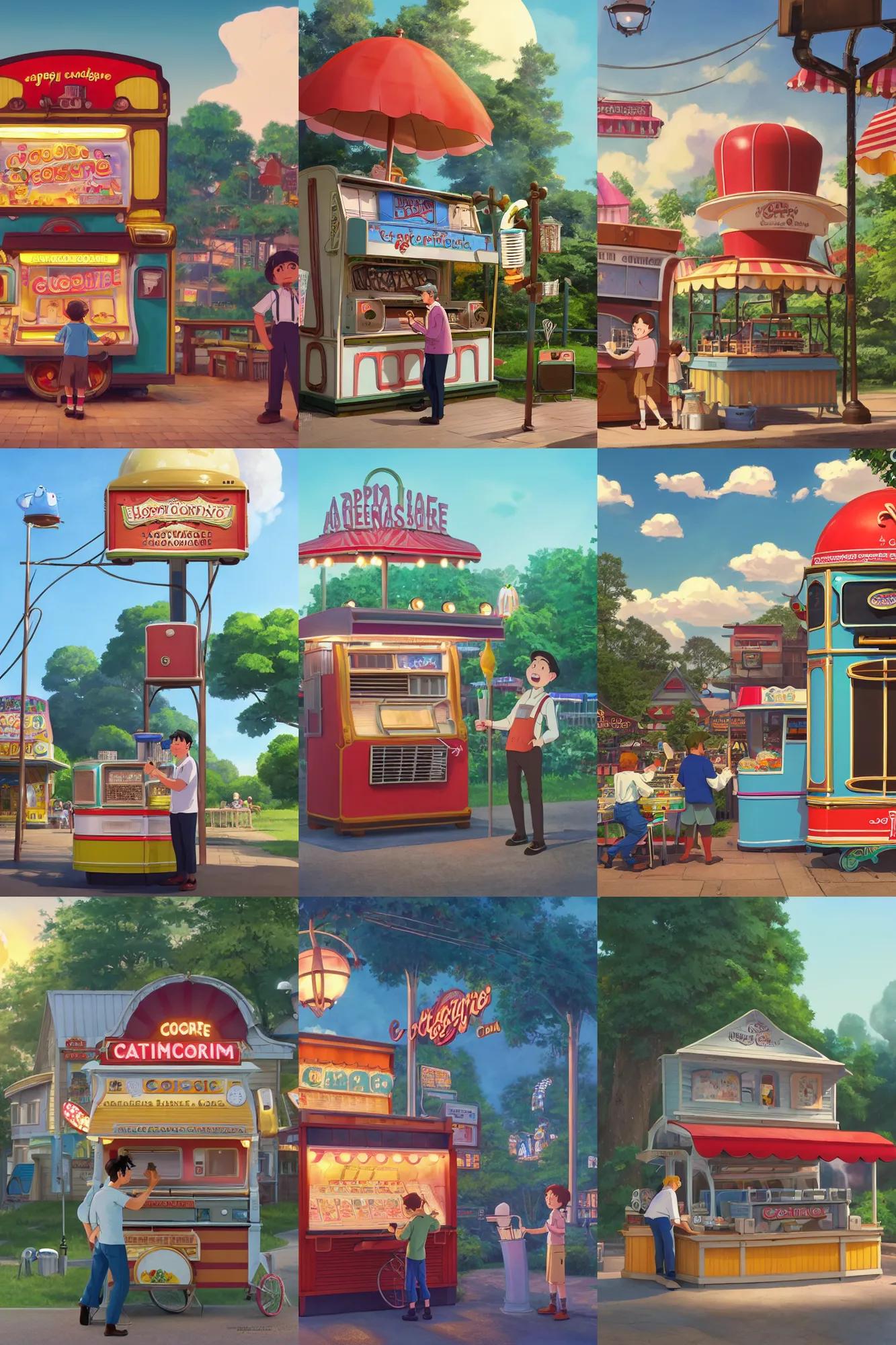 Prompt: a wholesome cottagecore illustration of a happy man selling ice cream at the amusement park with his jukebox playing quirky music, studio Ghibli, Pixar and Disney animation, sharp, Rendered in Redshift and Unreal Engine 5 by Greg Rutkowski, Bloom, dramatic lighting, sunrise