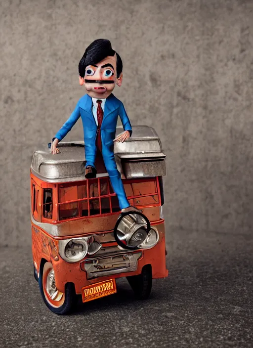 Image similar to full body of a tin toy mr bean, depth of field, zeiss lens, detailed, symmetrical, centered, fashion photoshoot, by nicoletta ceccoli, mark ryden, lostfish, earl nore, hyung tae, frank frazetta, breathtaking, 8 k resolution, extremely detailed, beautiful, establishing shot, artistic, hyperrealistic, octane render