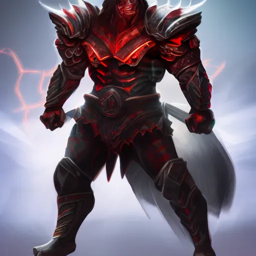 Prompt: a highly detailed character portrait of a muscular man wearing a epic shadow armor with glowing red eyes concept art