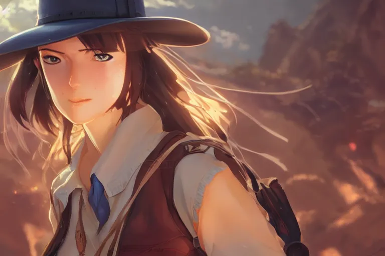 Image similar to western cowgirl, single centered subject, scenic full shot, ambient lighting, detailed face, by makoto shinkai, stanley artgerm lau, wlop, rossdraws