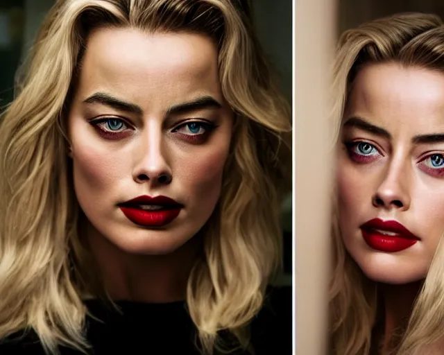 Image similar to a beautiful mix of margot robbie and amber heard, hyper realistic face, beautiful eyes, cinematic, long shot, hyper detailed, 8 5 mm photograph, 8 k resolution, film still, sharp lens, wide lens