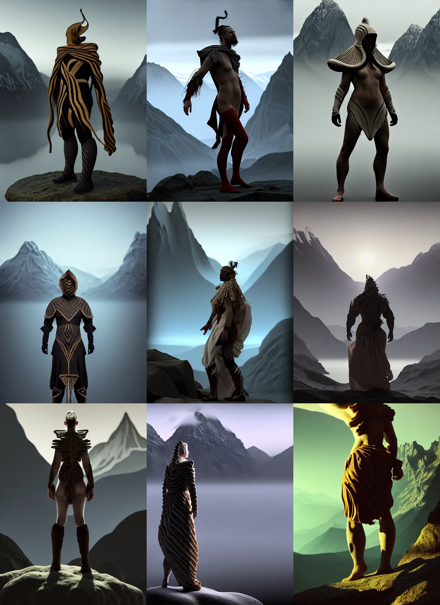 Prompt: dissolution filter ,turbulence filter, costume design made by nordic tribes, sophisticated composition, old masters light composition, procedurally generated, epic human character posing for concept art, beautiful mountains behind, substance designer, PBR, HD, Ultra detailed, hyperrealistic, megascans, volumetric light, concept by master artist, made in paint tool SAI2, trending pixiv face