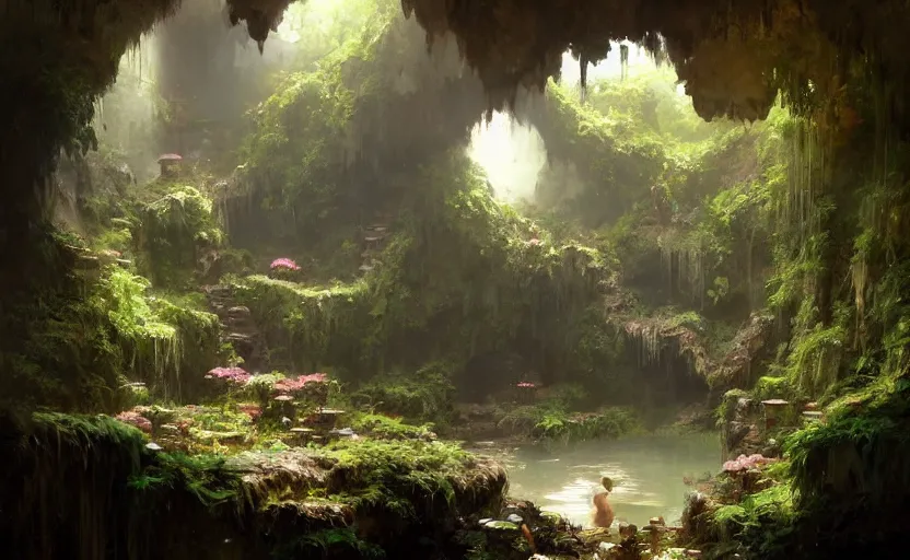 Prompt: painting of an interior of a hidden hotspring in a small cave, fantasy, lush plants and flowers, natural light, concept art, by greg rutkowski and craig mullins, cozy atmospheric and cinematic lighting, trending on artstation