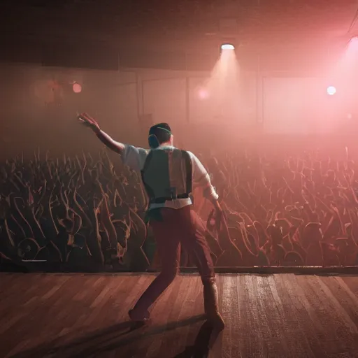 Image similar to a detailed picture of adolf hitler dancing at a rave, edm fans, neon lights, dance club rave, volumetric lighting, greg rutkowski and alphonse mucha, 8 k, octane render