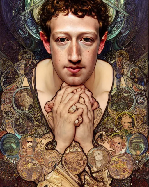 Prompt: highly detailed portrait of mark zuckerberg by Alphonse Mucha, Ayami Kojima, Yoshitaka Amano, Charlie Bowater, Karol Bak, Greg Hildebrandt, Jean Delville, and Mark Brooks, 4k resolution