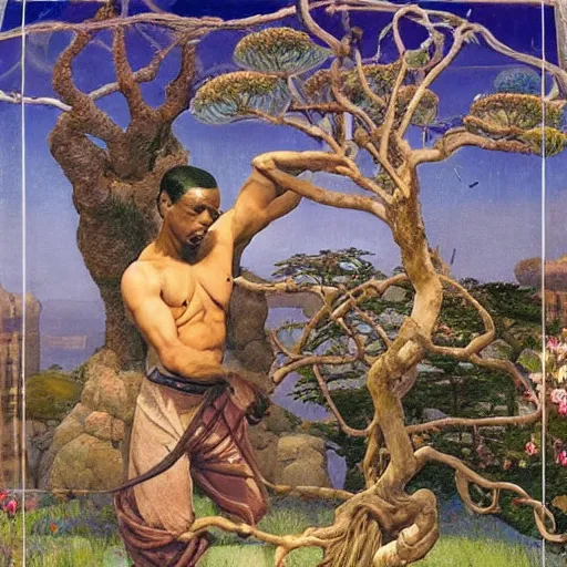 Image similar to Muscular African gardener cutting bonsai trees, grey Hair, idyllic Garden, by Annie Swynnerton and Nicholas Roerich and jean delville, glowing paper lanterns, strong dramatic cinematic lighting , ornate tiled architecture, lost civilizations, smooth, sharp focus, extremely detailed