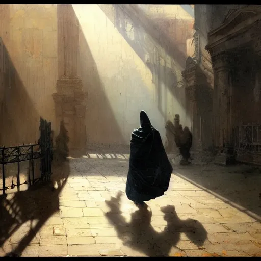 Prompt: half portait of magican wearing a cowl reading big old book! while walking, jeremy mann, jean leon gerome, tiepolo, alphonse mucha, greg rutkowski, face in the shadows, ( ( ruins of ancient rome ) ), at dusk, mysterious atmosphere, sunrays, dof, masterpiece, high detailed, 8 k