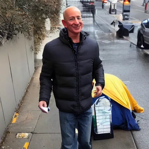 Image similar to jeff bezos as a homeless person, living in the streets