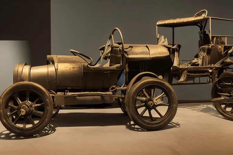 Image similar to cyberpunk 1 9 0 8 model ford t, volumetric lighting, in a museum, museum exhibit, museum lighting, 9 0 s film photo