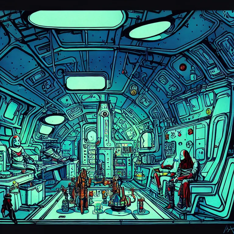 Image similar to ancient alchemist wizards laboratory inside of a spaceship, high details, lineart, by vincent di fate, inking, 3 color screen print, masterpiece, trending on artstation, sharp, high contrast, hyper - detailed, hd, 4 k, 8 k