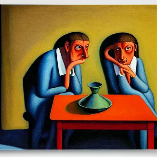 Image similar to people with empty bowl heads, blank stares, dystopian, pj crook, edward hopper, oil on canvas