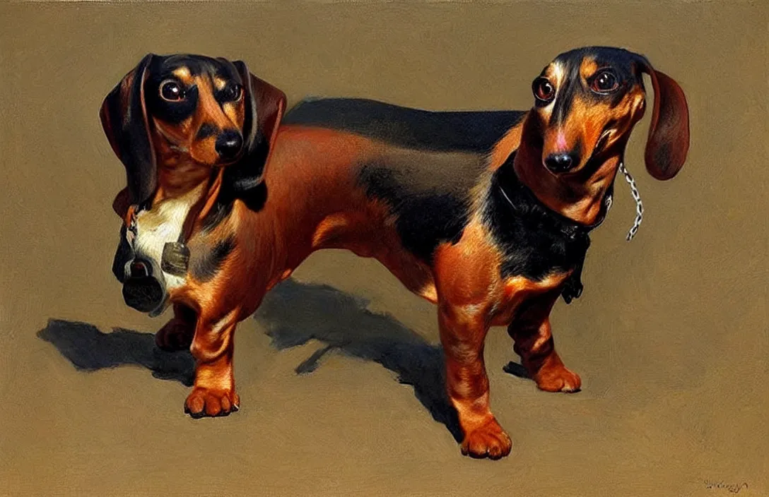 Image similar to a sausage dog on a leash!!!!!!!!!!!!!!!!!!!!!!!!!!!, detailed face, detailed painting,, epic lighting, by ilya repin, phil hale and kent williams