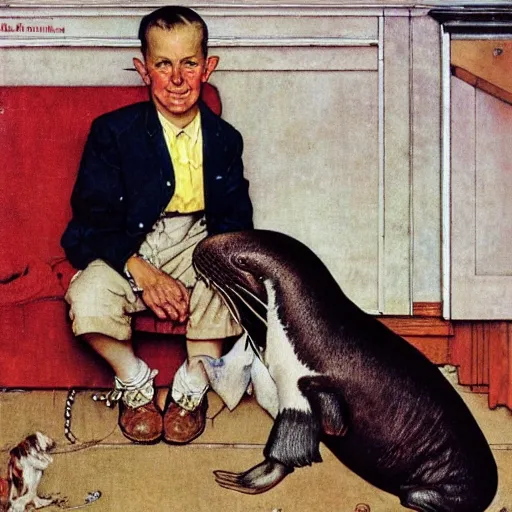 Image similar to a Norman Rockwell painting of a boy and his pet baby walrus