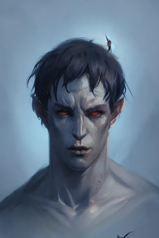 Image similar to portrait of a sad dark blue tiefling boy with horns and shaggy dark hair and pitch black hollow eyes, soft soft rounded face face face by Greg Rutkowski, concept art, sharp focus, illustration, intricate, highly detailed