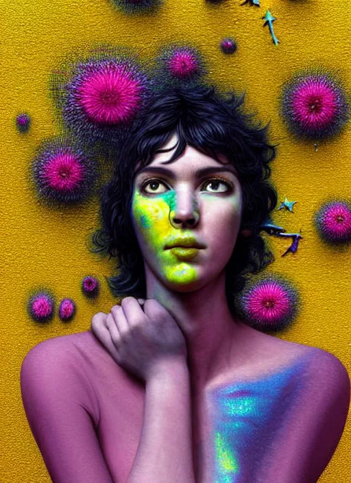 Prompt: hyper detailed 3d render like a Oil painting - Ramona Flowers with black hair in thick mascara seen seriously Eating of the Strangling network of colorful yellowcake and aerochrome and milky Fruit and Her delicate Hands hold of gossamer polyp blossoms bring iridescent fungal flowers whose spores black the foolish stars by Jacek Yerka, Mariusz Lewandowski, Houdini algorithmic generative render, Abstract brush strokes, Masterpiece, Edward Hopper and James Gilleard, Zdzislaw Beksinski, Mark Ryden, Wolfgang Lettl, Dan Hiller, hints of Yayoi Kasuma, octane render, 8k