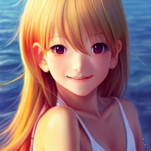 Prompt: beautiful serene intricate very detailed portrait of a realistic anime girl taking a selfie smiling softly, relaxing on the beach, golden hour, soft focus, 8 k, art by irakli nadar, hyperrealism, hyperdetailed, ultra realistic