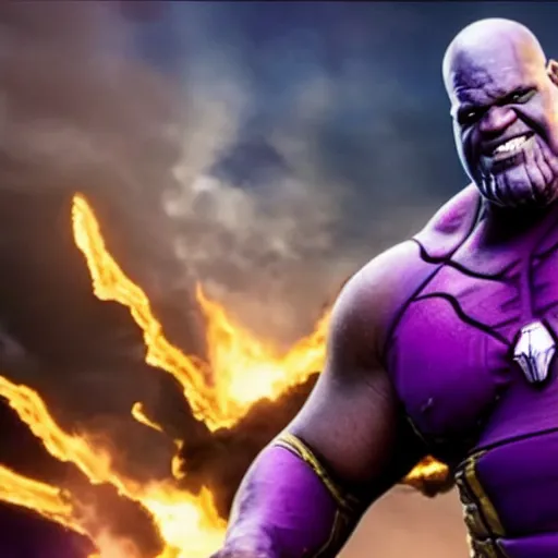 Image similar to Film still of Shaquille O'Neal as Thanos, from Marvel Avengers