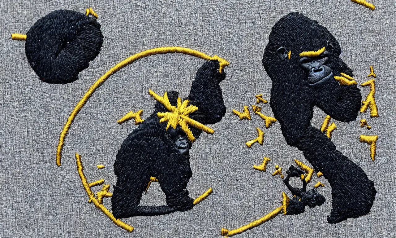 Prompt: a gorilla climbing a communications tower. breaking lighting bolts. round, circular embroidered us radar corps patch 8 k /