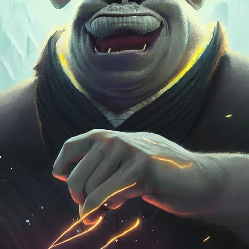 Image similar to ogre wearing a tuxedo, cinematic lightning, d & d, fantasy, highly detailed, digital painting, sharp focus, illustration, art by artgerm and greg rutkowski and magali villeneuve