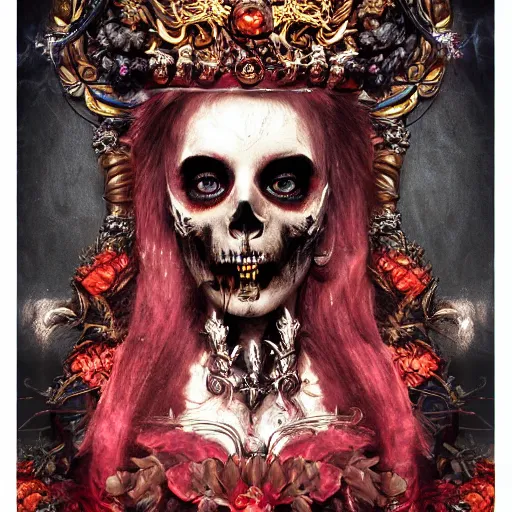 Image similar to Persephone, queen of the underworld, oil on canvas, symmetrical features, ominous, magical realism, texture, intricate, ornate, royally decorated, skull, skeleton, whirling smoke, embers, red adornements, red torn fabric, radiant colors, fantasy, trending on artstation, volumetric lighting, micro details, 3d sculpture, ray tracing, 8k