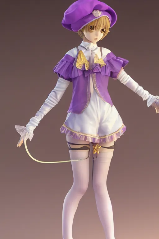 Prompt: An anime figure of a cute magical girl with short blonde hair wearing purple short puffy pants, an oversized beret, white tights covered in stars, and a long billowing scarf. Short hair. intricate details, realistic, Hyperdetailed, 8k resolution, intricate art nouveau, Octane Render.