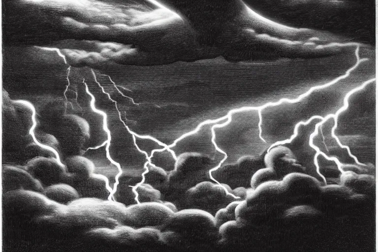 Image similar to Thy thunder, conscious of the new command, rumbles reluctant o'er our fallen house; and thy sharp lightning in unpractised hands scorches and burns our once serene domain, postmodern surrealist hand drawn matte painting 4k by Lynd Ward, smooth, sharp focus, extremely detailed, dramatic cinematic lighting.