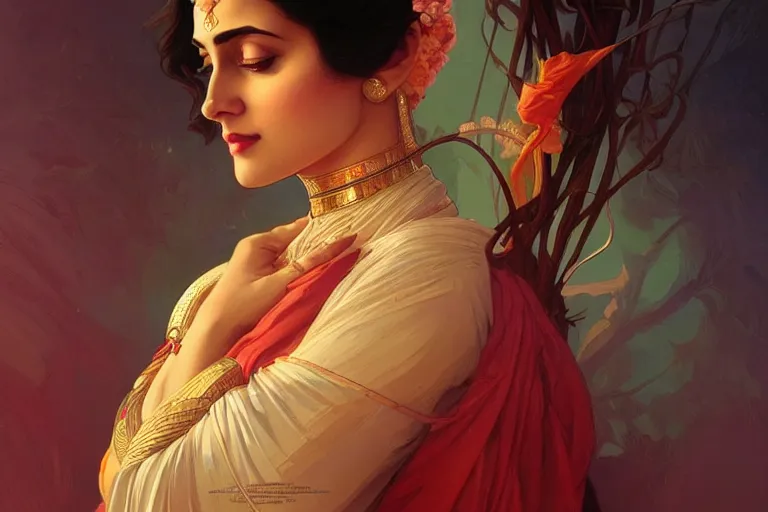 Image similar to sensual pale beautiful indian doctor, art deco portrait, elegant, intricate, digital painting, artstation, concept art, smooth, sharp focus, illustration, art by artgerm and greg rutkowski and alphonse mucha