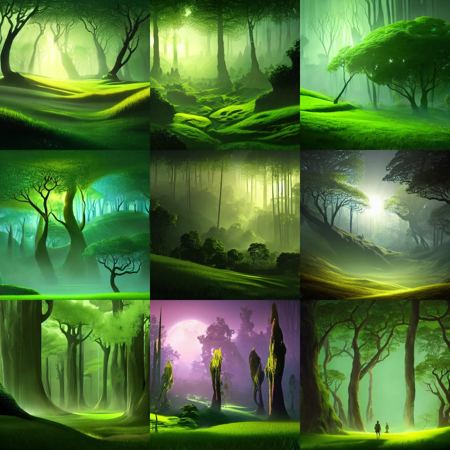 Prompt: fantasy with earth forest and meadow magic, at gentle dawn green light, by eyvind earle, cinematic lighting, volumetric lighting, smooth, sharp focus, highly detailed, render in unreal engine 5, artstation, deviantart, behance, trending, epic composition, hd, octane, unreal engine, volumetric lighting, light rays, masterpiece, award - winning