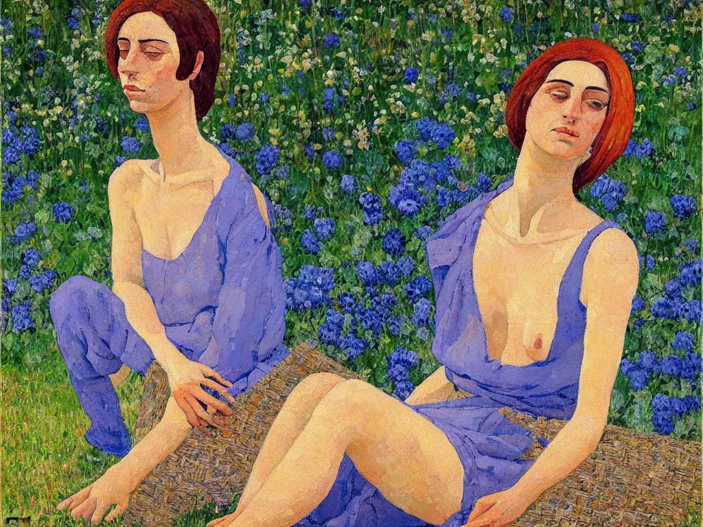Prompt: a painted portrait of a women outdoors in thought, art by felice casorati, aesthetically pleasing and harmonious colors, impressionism, expressionism
