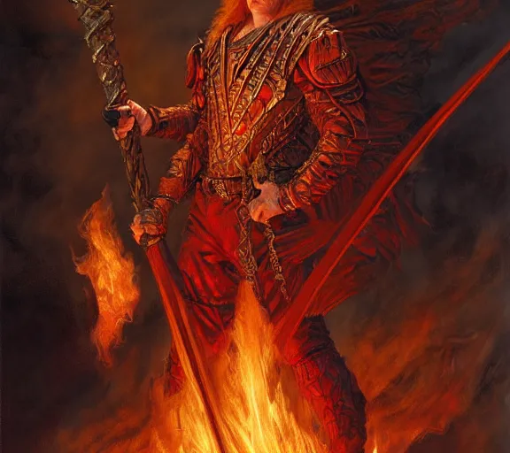 Prompt: The Fire King, beautiful young ginger man, fire, flames, dramatic, hyperdetailed | donato giancola, ralph horsley, Artem Demura | waist-up portrait | dungeons and dragons