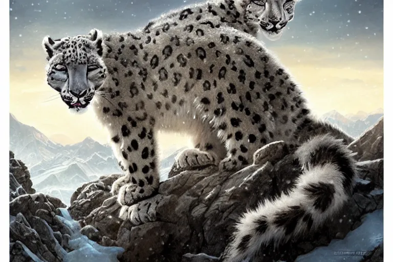 Prompt: Snow leopard on a beautiful fantasy landscape, mountainside, winter, moonlit, HD, illustration, epic, D&D, fantasy, intricate, elegant, highly detailed, digital painting, artstation, concept art, smooth, sharp focus, illustration, wallpaper, art by artgerm and greg rutkowski and alphonse mucha and jin xiaodi