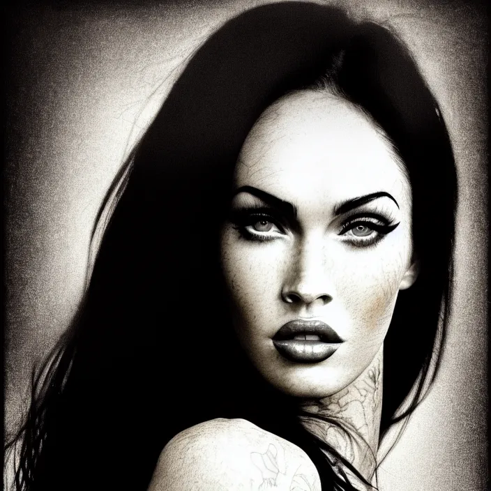 Prompt: photography face portrait of a beautiful woman like megan fox, black and white photography portrait with beautifull oil vivid color painted strokes on top, skin grain detail, high fashion, studio lighting film noir style photography, by nobuyo araki, richard avedon, and paolo roversi, nick knight, hellmut newton,, on a tropical wallpaper exotic patern background