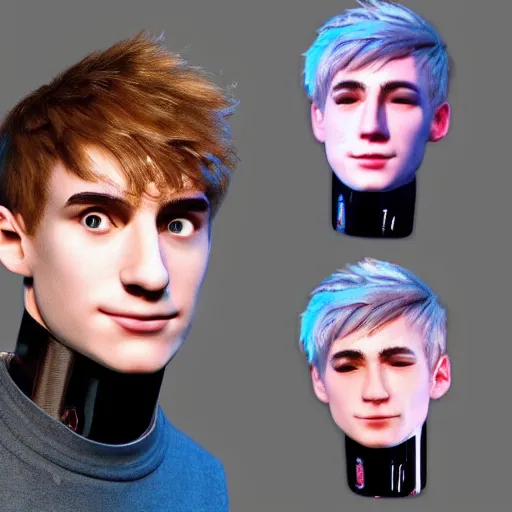 Image similar to “a realistic detailed photo of a guy who is an attractive humanoid who is half robot and half humanoid, who is a male android, twitch streamer Ninja Tyler Blevins, shiny skin, posing like a statue, blank stare”