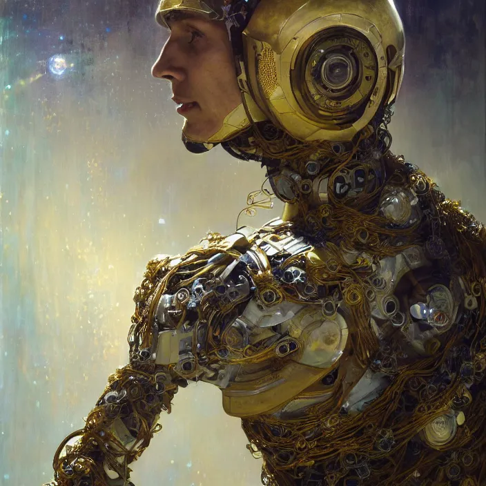 Image similar to hyperrealist portrait of a 2 0 4 4 space sport ironman, it is decorated with long gold wires and white flowers that fall like vines and wears a huge computer crown. by jeremy mann and alphonse mucha, fantasy art, photo realistic, dynamic lighting, artstation, poster, volumetric lighting, dramatic light, very detailed faces, 8 k, award winning