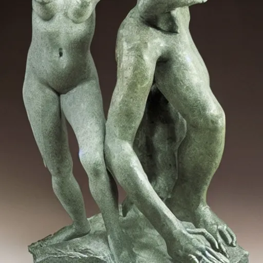Prompt: sculpture, the conversation. surrealist, bronze statues, auguste rodin