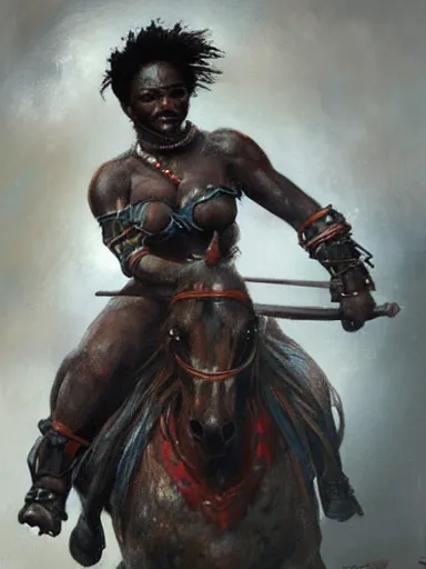 Prompt: painting of a black female zulu warrior riding a horse, highly detailed painting, realistic, symmetrical, illustration, artstation, in the style of frank frazetta, krenz cushart, artem demura