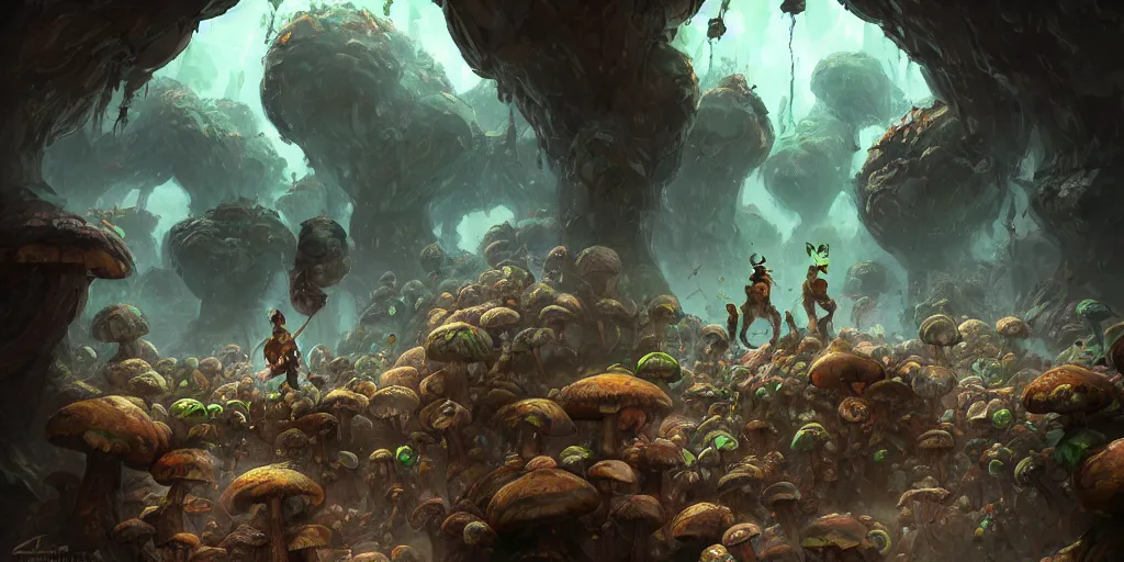 Image similar to goblin miners in a mushroom cave, concept art, digital illustration, trending on artstation, deviantart, artgerm, epic composition, masterpiece, highly detailed, advanced technique, ambient lighting, wlop, ross draws